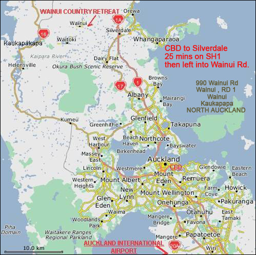 Map to Wainui Country retreat
Wainui Country Retreat
35 minutes North from
Auckland Central City.
Easy to find, perfect for
a romantic weekend,
or a relaxing vacation,
stay a night, a weekend,
a week or two or
a month or two, the
Perfect place to be to
write that book with sounds
of the animals and the
abundant song of wild birds.
And ideal base, while you
Explore the northern reaches
of the North Island,
and a perfect place to go
After a business meetings
in the hustle and bustle of
Auckland before heading back
to the Airport set on your
journey home.